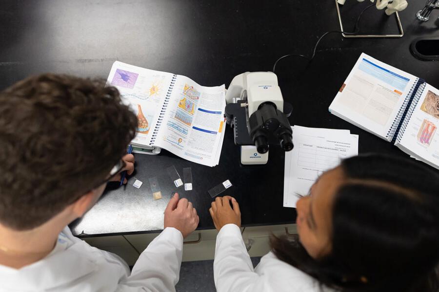 生物学学生在实验室里拿着一本打开的教科书，看着显微镜